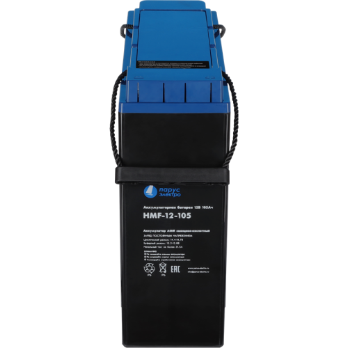 Battery Parus Electro, specialized series HMF-12-105, voltage 12V, capacity 105Ah (discharge 10 hours), max. discharge current (5sec) 900A, max. charge current 31.5A, lead-acid AGM type, M8 bolt terminals, LxWxH 395x110x286mm., total height with terminals