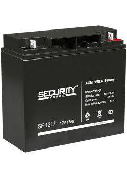 Батарея SECURITY FORCE серия SF, SF 1217, напряжение 12В, емкость 17Ач (разряд 20 часов),  макс. ток разряда (5 сек.) 18А, макс. ток заряда 5.1А, свинцово-кислотная типа AGM, клеммы под гайку и болт M6, ДxШxВ 181х77х167мм., вес кг., срок службы 3-5 лет./ 