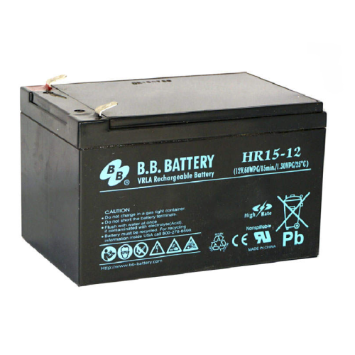 Батарея B.B. Battery серия HR, HR15-12, напряжение 12В, емкость 15Ач (разряд 20 часов), емкость 13Ач (разряд 10 часов), макс. ток разряда (5 сек.) 180А, макс. ток заряда 3.9A, свинцово-кислотная типа AGM, клеммы Т2, ДxШxВ 151x98x98мм., вес 4.2кг., срок сл