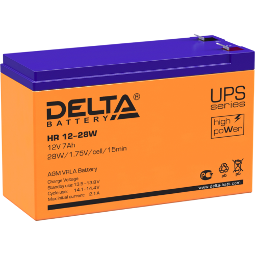 Батарея DELTA серия HR-W, HR 12-28 W, напряжение 12В, емкость 7Ач (разряд 20 часов),  макс. ток разряда (5 сек.) 140А, макс. ток заряда 2.1А, свинцово-кислотная типа AGM, клеммы F2, ДxШxВ 151х65х94мм., вес 2.2кг., срок службы 8 лет./ Battery DELTA series 