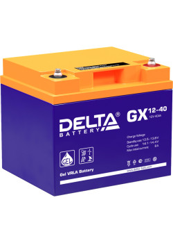 Батарея DELTA серия GX, GX 12-40, напряжение 12В, емкость 40Ач (разряд 20 часов),  макс. ток разряда (5 сек.) 400А, макс. ток заряда 7.9А, свинцово-кислотная типа GEL, клеммы под болт М6, ДxШxВ 197х165х170мм., вес 14.7кг., срок службы 15 лет./ Battery DEL