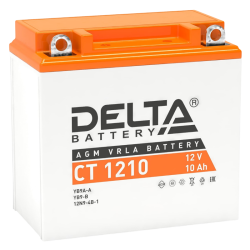 Аккумуляторная батарея для мото-техники/ DELTA серия  CT, CT 1210, напряжение 12В, емкость 10 Ач (разряд 10 часов 10.5 В), пусковой ток: 100А, полярность обратная ( - +),  тип AGM;Pb (свинцово-кислотный), клеммы: BN под болт,  ДxШxВ 137x77x135мм., вес  2,