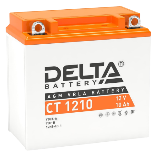 Аккумуляторная батарея для мото-техники/ DELTA серия  CT, CT 1210, напряжение 12В, емкость 10 Ач (разряд 10 часов 10.5 В), пусковой ток: 100А, полярность обратная ( - +),  тип AGM;Pb (свинцово-кислотный), клеммы: BN под болт,  ДxШxВ 137x77x135мм., вес  2,