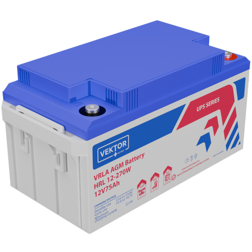 Батарея Vektor Battery серия HRL, HRL 12-270W, напряжение 12В, емкость 75 Ач (разряд 10 часов), макс. ток разряда (5 сек.) 750 А, макс. ток заряда 22,5 А, свинцово-кислотная типа AGM, клеммы М8, ДxШxВ 350x167x173мм., вес 22,2 кг., срок службы 12 лет
