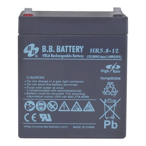 Батарея B.B. Battery серия HR, HR5.8-12, напряжение 12В,  емкость 5.8Ач (разряд 20 часов), емкость 5.3Ач (разряд 10 часов), макс. ток разряда (5 сек.) 79.5А, макс. ток заряда 1.59A, свинцово-кислотная типа AGM, клеммы Т2, ДxШxВ 90x70x106мм., вес 1.88кг., 