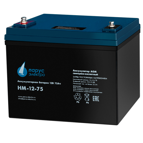 Battery Parus Electro, standard series HM-12-90, voltage 12V, capacity 90Ah (discharge 10 hours), max. discharge current (5sec) 900A, max. charge current 27A, lead-acid type AGM, bolt terminals M8, LxWxH 305x168x210mm., total height with terminals 215mm.,