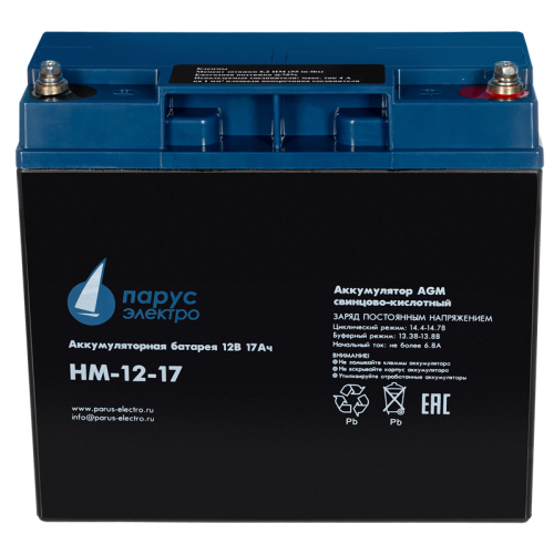 Battery Parus Electro, standard series HM-12-26, voltage 12V, capacity 26Ah (discharge 20 hours), max. discharge current (5sec) 300A, max. charge current 9.6A, lead-acid AGM type, M5 bolt terminals, LxWxH 175x166x125mm., total height with terminals 125mm.