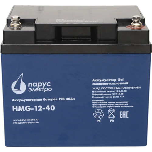 Battery Parus Electro, professional series HMG-12-40, voltage 12V, capacity 40Ah (discharge 20 hours), max. discharge current (5sec) 400A, max. charge current 12A, lead-acid GEL type, M6 bolt terminals, LxWxH 197x165x170mm., total height with terminals 17