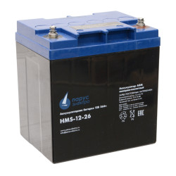 Battery Parus Electro, specialized series HMS-12-26 116W, voltage 12V, capacity 26Ah (discharge 10 hours), power at 15 min. discharge to U - 1.65 V/cell at 25 °C 116W, max. discharge current (5sec) 310A, max. charge current 8.4A, lead-acid AGM type, M5 bo