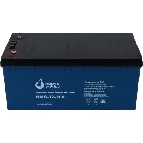 Battery Parus Electro, professional series HMG-12-200, voltage 12V, capacity 200Ah (discharge 10 hours), max. discharge current (5sec) 1000A, max. charge current 60A, lead-acid GEL type, M8 bolt terminals, LxWxH 522x238x218mm, total height with terminals 