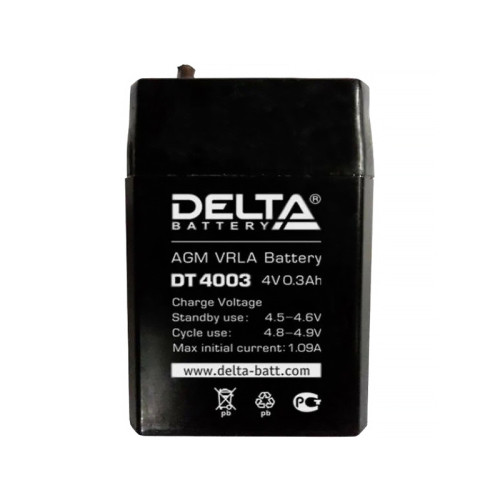 Батарея DELTA серия DT, DT 4003, напряжение 4В, емкость 0.3Ач (разряд 20 часов), макс. ток заряда 0.09А, свинцово-кислотная типа AGM, клеммы вывод под пайку5мм., ДxШxВ 26х21х40мм., 0.045кг., срок службы 5 лет./ Battery DELTA series DT, DT 4003, voltage 4V