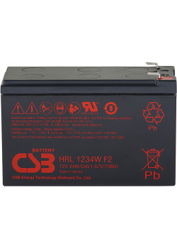 Батарея CSB серия HRL, HRL1234W F2 FR, напряжение 12В, емкость 8.5Ач (разряд 20 часов), 34 Вт/Эл при 15-мин. разряде до U кон. - 1.67 В/Эл при 25 °С, макс. ток разряда (5 сек.) 130А, ток короткого замыкания 367А, макс. ток заряда 3.4A, свинцово-кислотная 