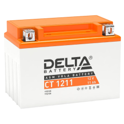Аккумуляторная батарея для мото-техники/ DELTA серия  CT, CT 1211, напряжение 12В, емкость 11 Ач (разряд 10 часов 10.5 В), пусковой ток: 210А, полярность обратная ( - +),  тип AGM;Pb (свинцово-кислотный), клеммы: BN под болт,  ДxШxВ 151x86x112мм., вес  3,