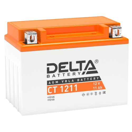 Аккумуляторная батарея для мото-техники/ DELTA серия  CT, CT 1211, напряжение 12В, емкость 11 Ач (разряд 10 часов 10.5 В), пусковой ток: 210А, полярность обратная ( - +),  тип AGM;Pb (свинцово-кислотный), клеммы: BN под болт,  ДxШxВ 151x86x112мм., вес  3,