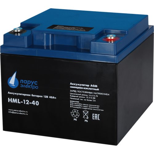 Battery Parus Electro, professional series HML-12-40, voltage 12V, capacity 40Ah (discharge 10 hours), max. discharge current (5sec) 400A, max. charge current 12A, lead-acid AGM type, M6 bolt terminals, LxWxH 197x165x170mm., total height with terminals 17