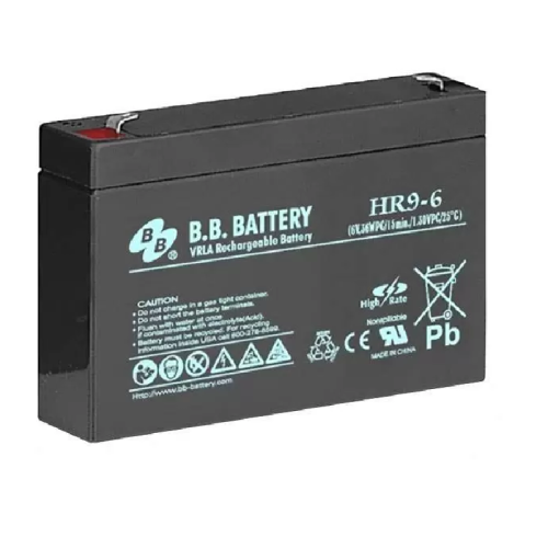 Батарея B.B. Battery серия HR, HR9-6, напряжение 6В, емкость 9Ач (разряд 20 часов), емкость 8Ач (разряд 10 часов), макс. ток разряда (5 сек.) 120А, макс. ток заряда 2.4A, свинцово-кислотная типа AGM, клеммы Т2, ДxШxВ 151x34x100мм., вес 1.4кг., срок службы