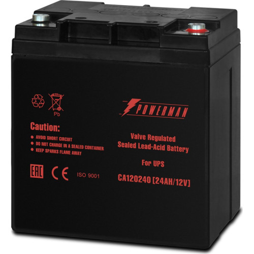 Батарея POWERMAN Battery CA12240, напряжение 12В, емкость 24Ач, макс. ток разряда 360А, макс. ток заряда 7.2А, свинцово-кислотная типа AGM, тип клемм M1, Д/Ш/В 166/126/174, 8.4 кг./ Battery POWERMAN Battery CA12240, voltage 12V, capacity 24Ah, max. discha