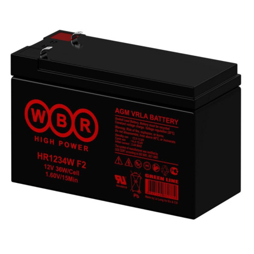 Батарея B.B. Battery серия HR, HR1234W, напряжение 12В, емкость 9Ач (разряд 20 часов), емкость 7Ач (разряд 10 часов), макс. ток разряда (5 сек.) 105А, макс. ток заряда 2.1A, свинцово-кислотная типа AGM, клеммы Т2, ДxШxВ 151x65x100мм., вес 2.5кг., срок слу