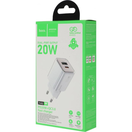 Сетевое зар./устр. Hoco N46 Glorious 20W 3A (PD+QC+AFC) USB-A/Type-C универсальное синий (35318)