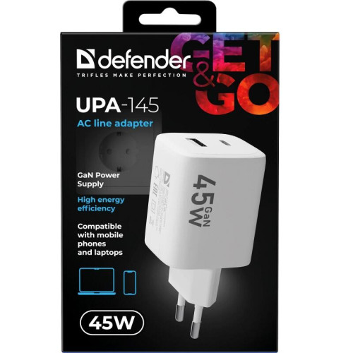 Defender Сетевой адаптер UPA-145 45W, USB A+C, белый