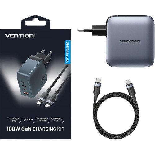 Набор Vention з/у на 4 порта GaN 100W USB (C+C+C+A) и кабель USB-C 5А Серый