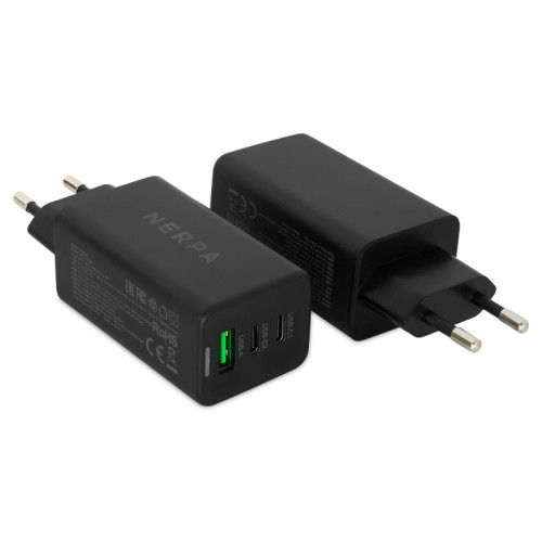 Сетевое зарядное устройство 220В/ Зарядное устройство NERPA PD333CBK 65W GaN PD+QC3.0, 2xUSB-C, 1xUSB-A, USB-C - USB-C 100W cable 1.5m black, EU plug, BULK