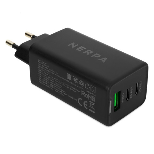 Сетевое зарядное устройство 220В/ Зарядное устройство NERPA PD333CBK 65W GaN PD+QC3.0, 2xUSB-C, 1xUSB-A, USB-C - USB-C 100W cable 1.5m black, EU plug, BULK Сетевое зарядное устройство 220В/ Зарядное устройство NERPA PD333CBK 65W GaN PD+QC3.0, 2xUSB-C, 1xUSB-A, USB-C - USB-C 100W cable 1.5m black, EU plug, BULK