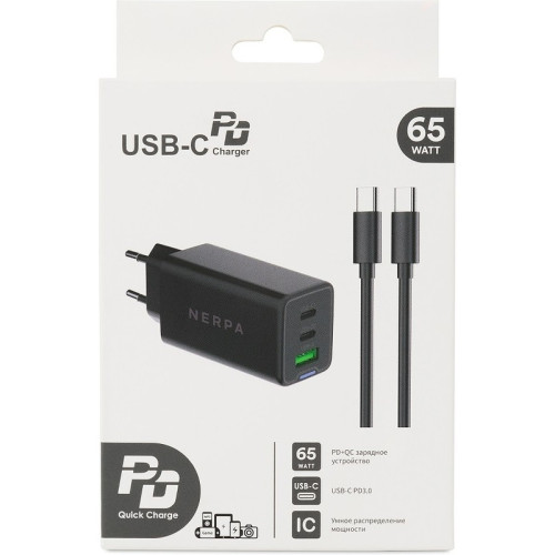 Сетевое зарядное устройство 220В/ Зарядное устройство NERPA PD333CBX 65W GaN PD+QC3.0, 2xUSB-C, 1xUSB-A, USB-C - USB-C 100W cable 1.5m black, EU plug, BOX Сетевое зарядное устройство 220В/ Зарядное устройство NERPA PD333CBX 65W GaN PD+QC3.0, 2xUSB-C, 1xUSB-A, USB-C - USB-C 100W cable 1.5m black, EU plug, BOX