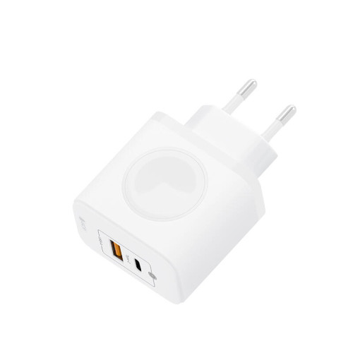 GCR PRO Сетевое зарядное устройство 3в1, GaN Tech USB QC 3.0 + Type-C PD 20W + магнитная зарядка для Apple Watch, белый, GCR-56576
