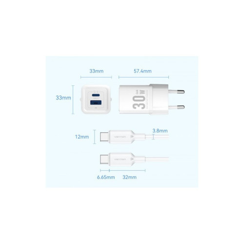 Набор для зарядки Vention з/у GaN 30W 2 порта USB (C + A) и кабель USB-C 3А Чёрный, шт.
