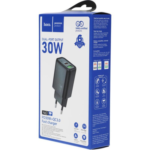 Сетевое зар./устр. Hoco Gentle PD30W+QC3.0 30W 3A (PD+QC) USB/USB Type-C универсальное черный (44358)