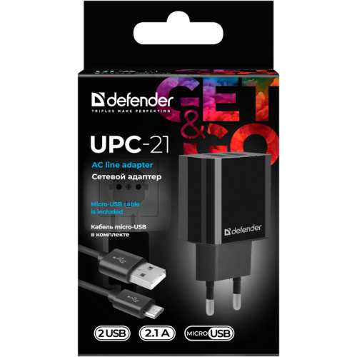 Defender Сетевой адаптер UPC-21 2xUSB,5V/2.1А кабель microUSB Defender Сетевой адаптер UPC-21 2xUSB,5V/2.1А кабель microUSB