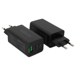 Сетевое зарядное устройство 220В/ Зарядное устройство NERPA PD333CBK 65W GaN PD+QC3.0, 2xUSB-C, 1xUSB-A, USB-C - USB-C 100W cable 1.5m black, EU plug, BULK