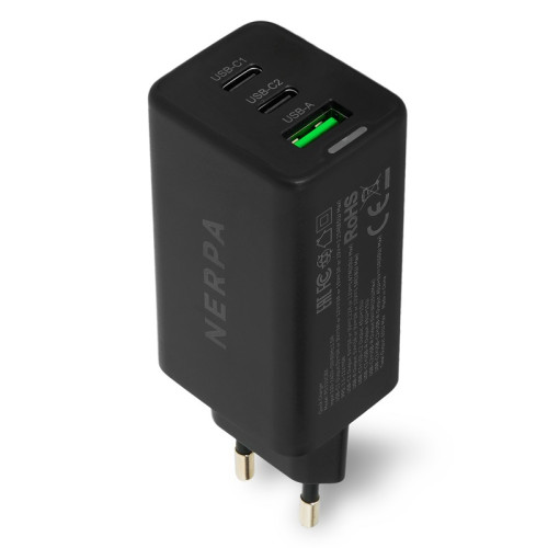 Сетевое зарядное устройство 220В/ Зарядное устройство NERPA PD333CBK 65W GaN PD+QC3.0, 2xUSB-C, 1xUSB-A, USB-C - USB-C 100W cable 1.5m black, EU plug, BULK
