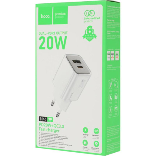 Сетевое зар./устр. Hoco N46 Glorious 20W 3A (PD+QC+AFC) USB-A/Type-C универсальное белый (35301)