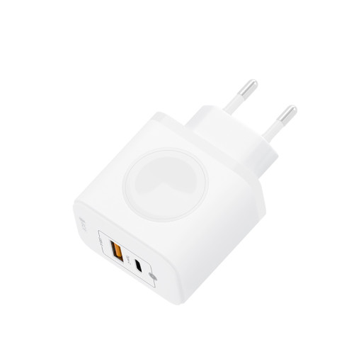 GCR PRO Сетевое зарядное устройство 3в1, GaN Tech USB QC 3.0 + Type-C PD 20W + магнитная зарядка для Apple Watch, белый, GCR-56576