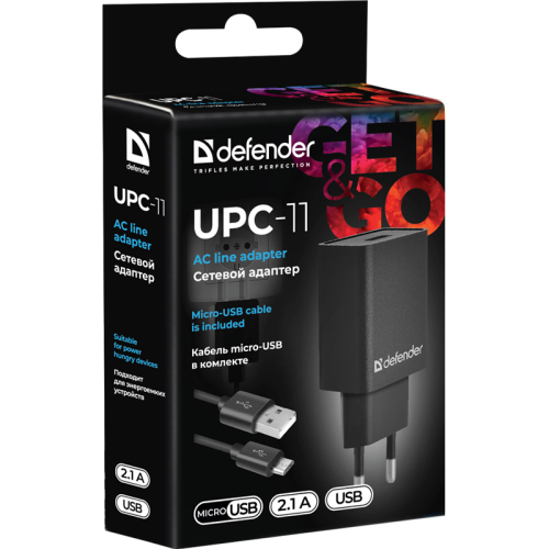 Defender Сетевой адаптер UPC-11 1xUSB,5V/2.1А,кабель micro-USB Defender Сетевой адаптер UPC-11 1xUSB,5V/2.1А,кабель micro-USB