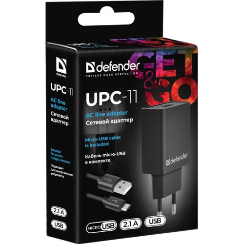 Defender Сетевой адаптер UPC-11 1xUSB,5V/2.1А,кабель micro-USB