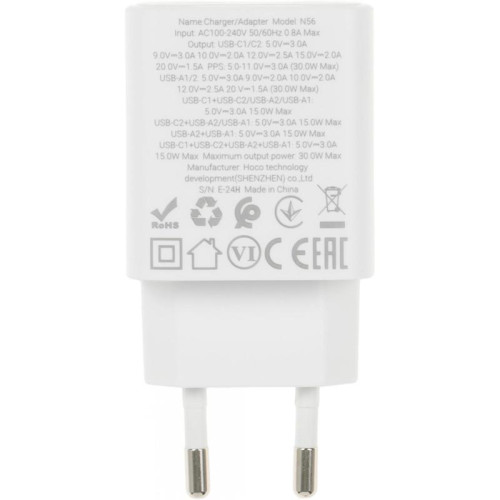 Сетевое зар./устр. Hoco N56 Fundador 30W 3A (PD) 2xUSB/USB type-C универсальное белый (32508)
