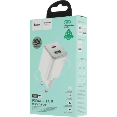 Сетевое зар./устр. Hoco N41 Almighty White 20W 3A (PD+QC+AFC) USB-A/Type-C универсальное белый