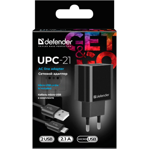 Defender Сетевой адаптер UPC-21 2xUSB,5V/2.1А кабель microUSB