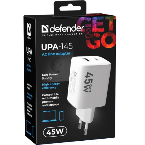 Defender Сетевой адаптер UPA-145 45W, USB A+C, белый