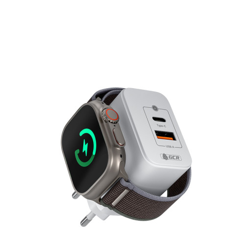 GCR PRO Сетевое зарядное устройство 3в1, GaN Tech USB QC 3.0 + Type-C PD 20W + магнитная зарядка для Apple Watch, белый, GCR-56576
