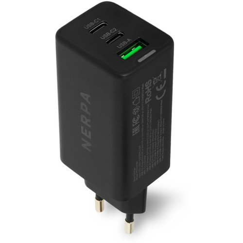 Сетевое зарядное устройство 220В/ Зарядное устройство NERPA PD333CBX 65W GaN PD+QC3.0, 2xUSB-C, 1xUSB-A, USB-C - USB-C 100W cable 1.5m black, EU plug, BOX Сетевое зарядное устройство 220В/ Зарядное устройство NERPA PD333CBX 65W GaN PD+QC3.0, 2xUSB-C, 1xUSB-A, USB-C - USB-C 100W cable 1.5m black, EU plug, BOX