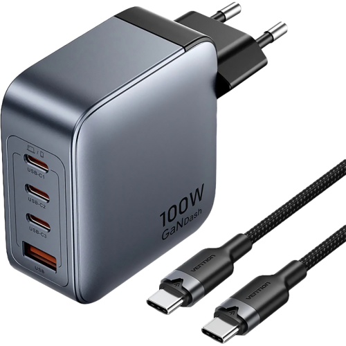 Набор Vention з/у на 4 порта GaN 100W USB (C+C+C+A) и кабель USB-C 5А Серый