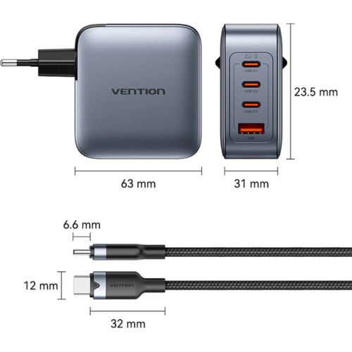 Набор Vention з/у на 4 порта GaN 100W USB (C+C+C+A) и кабель USB-C 5А Серый