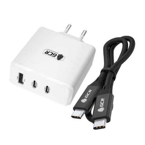 GCR PRO Комплект сетевое зарядное устройство на 100W, 1 USB + 2 TypeC, GaN Tech Quick Charger, PD 3.0, белый + кабель 1.0m TypeC Thunderbolt 4, черный