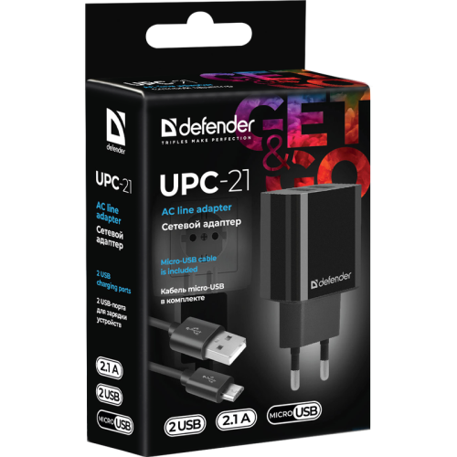 Defender Сетевой адаптер UPC-21 2xUSB,5V/2.1А кабель microUSB