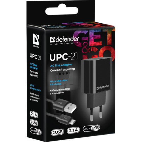 Defender Сетевой адаптер UPC-21 2xUSB,5V/2.1А кабель microUSB Defender Сетевой адаптер UPC-21 2xUSB,5V/2.1А кабель microUSB