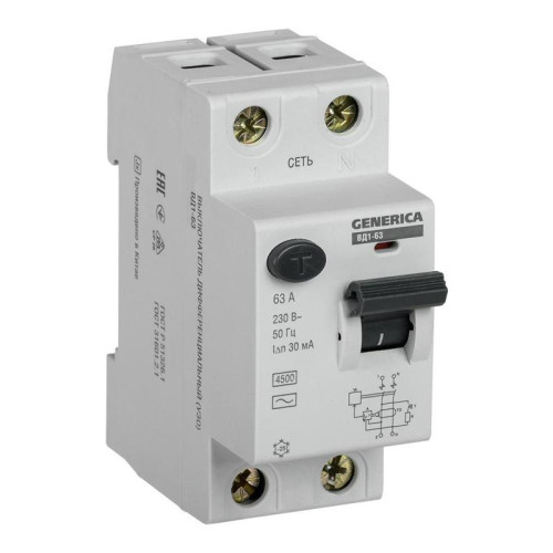 Устройство защитного отключения IEK MDV15-2-063-030 ВД1-63 Generica 63A 4.5kA 30мА AC 2П 230В 2мод серый (упак.:1шт)